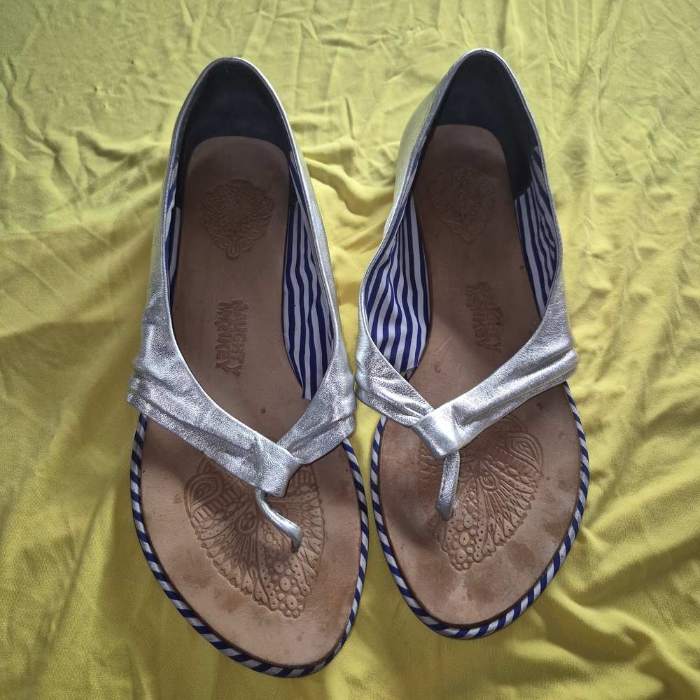 naughty monkey Silver Metallic Thong Sandals with Striped Trim